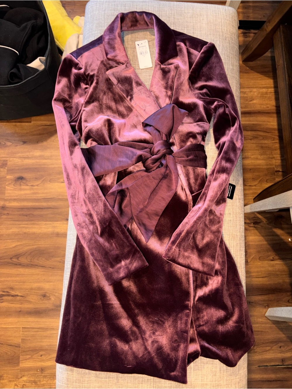 Express Velvet Wrap Open Back Romper in Plum